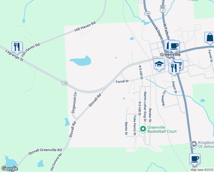 map of restaurants, bars, coffee shops, grocery stores, and more near 180 Stovall Road in Greenville