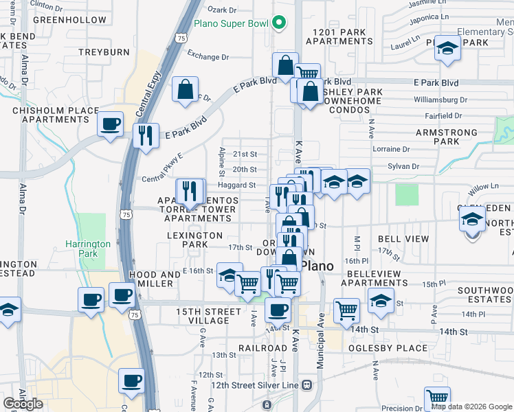 map of restaurants, bars, coffee shops, grocery stores, and more near 906 Haggard Street in Plano