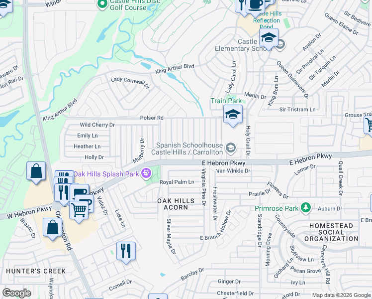 map of restaurants, bars, coffee shops, grocery stores, and more near 4210 Oak Mount Drive in Carrollton