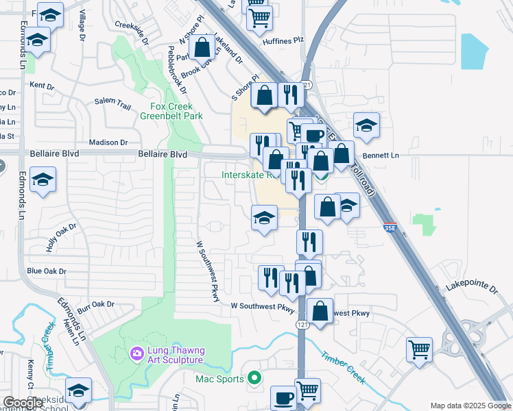 map of restaurants, bars, coffee shops, grocery stores, and more near 160 Oakwood Lane in Lewisville