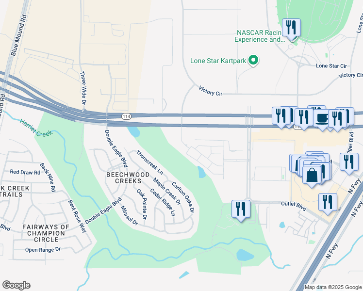 map of restaurants, bars, coffee shops, grocery stores, and more near 2925 Texas 114 in Fort Worth
