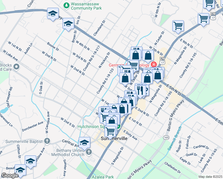 map of restaurants, bars, coffee shops, grocery stores, and more near 303 West 2nd North Street in Summerville