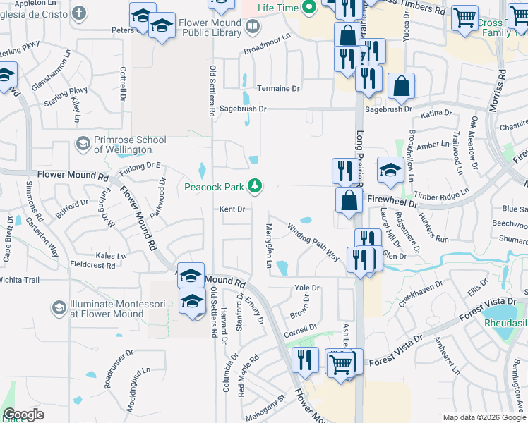 map of restaurants, bars, coffee shops, grocery stores, and more near 3000 Old Settlers Road in Flower Mound
