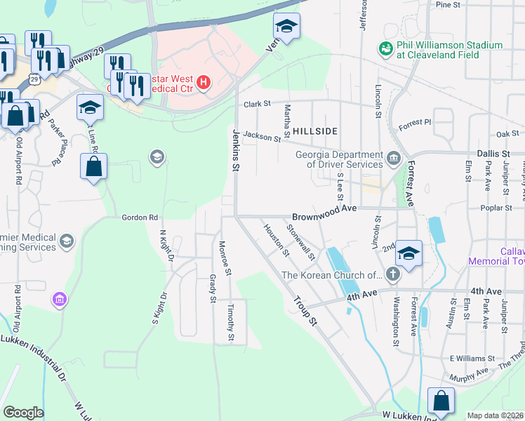 map of restaurants, bars, coffee shops, grocery stores, and more near 703 Freeman Street in LaGrange