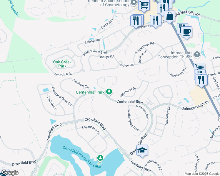 map of restaurants, bars, coffee shops, grocery stores, and more near Adthan Circle in Goose Creek