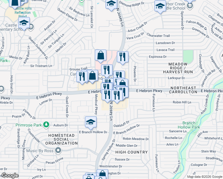 map of restaurants, bars, coffee shops, grocery stores, and more near N Josey Ln & E Hebron Pkwy in Carrollton
