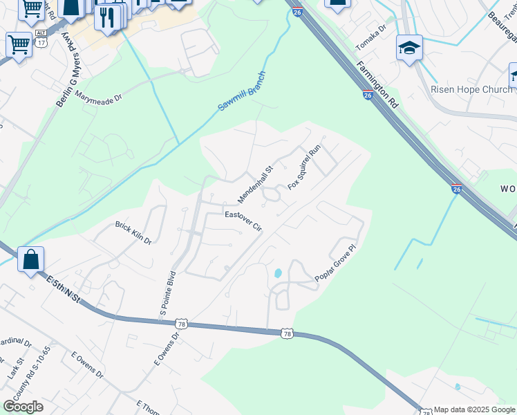 map of restaurants, bars, coffee shops, grocery stores, and more near 195 Fox Squirrel Run in Summerville