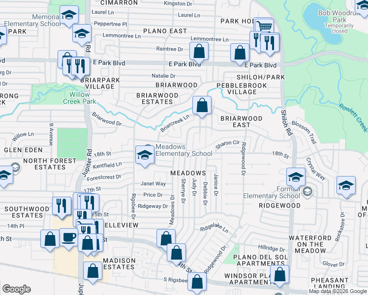 map of restaurants, bars, coffee shops, grocery stores, and more near 1905 Sherrye Drive in Plano