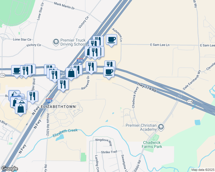 map of restaurants, bars, coffee shops, grocery stores, and more near 5001 Texas 114 in Northlake