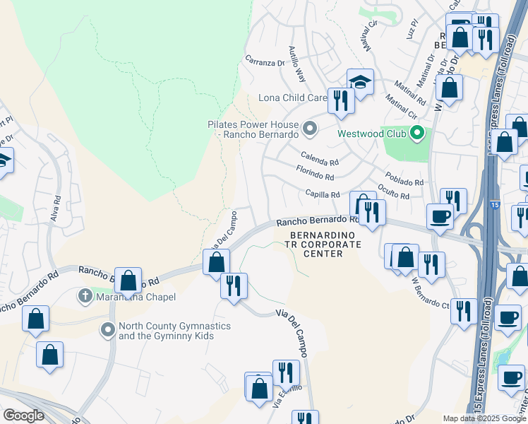 map of restaurants, bars, coffee shops, grocery stores, and more near 17035 Broken Bow Court in San Diego