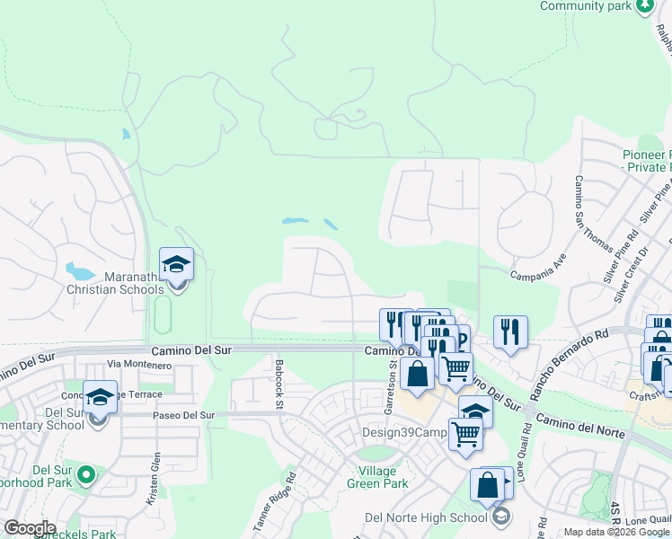 map of restaurants, bars, coffee shops, grocery stores, and more near 17055 Coyote Bush Drive in San Diego