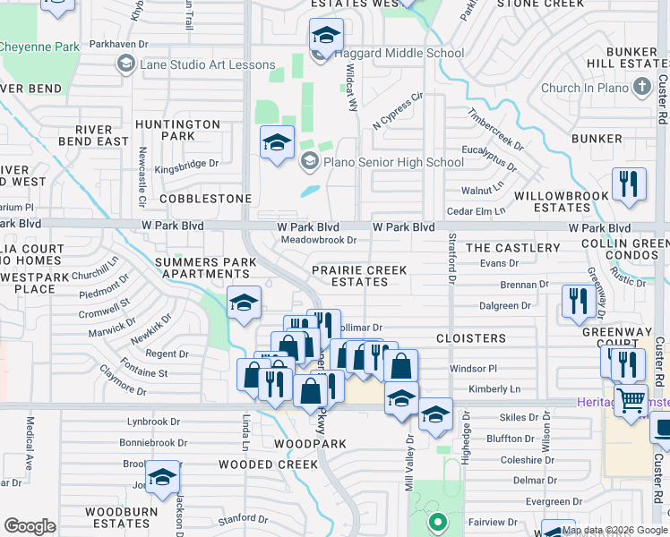 map of restaurants, bars, coffee shops, grocery stores, and more near 2813 Prairie Creek Drive in Plano