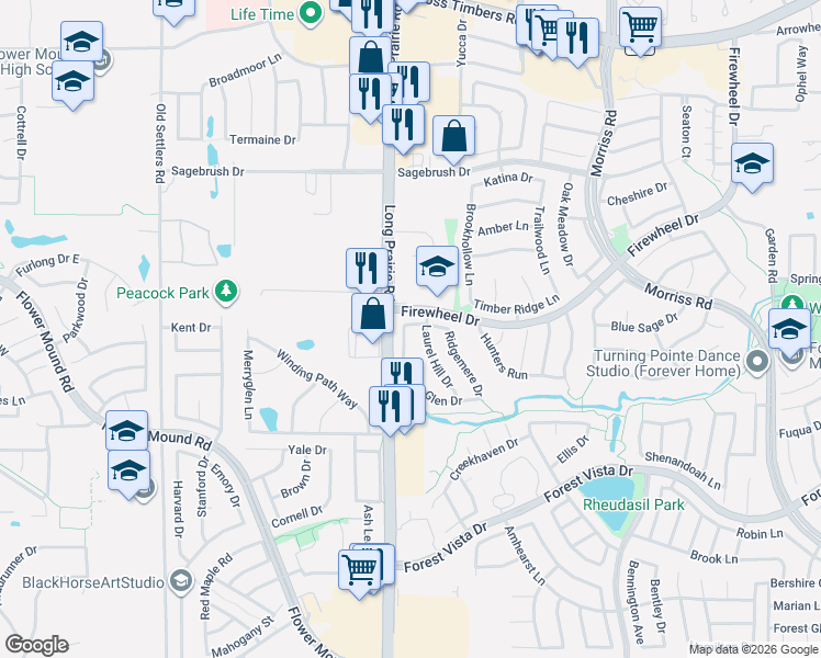 map of restaurants, bars, coffee shops, grocery stores, and more near 2620 Glenridge Drive in Flower Mound