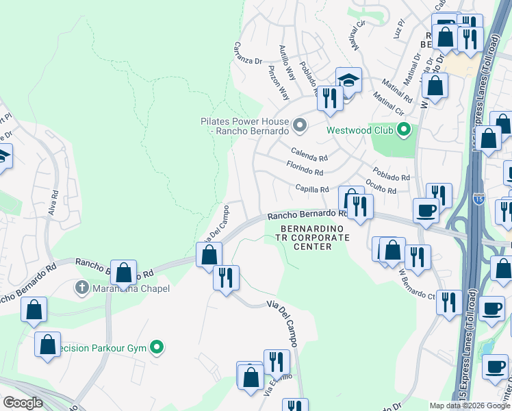 map of restaurants, bars, coffee shops, grocery stores, and more near 17035 Broken Bow Court in San Diego