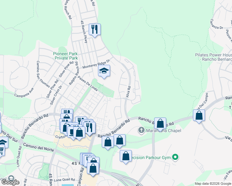 map of restaurants, bars, coffee shops, grocery stores, and more near 17231 Russet Street in San Diego
