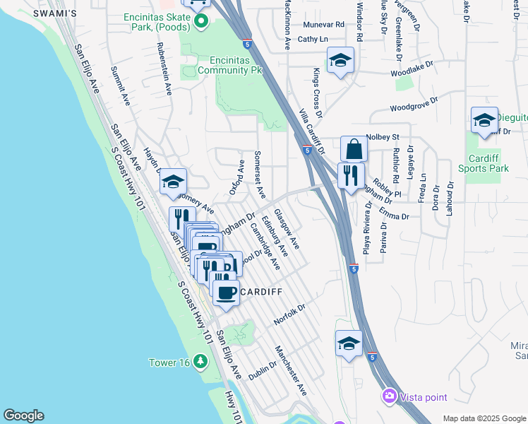 map of restaurants, bars, coffee shops, grocery stores, and more near 1927 Edinburg Avenue in Encinitas