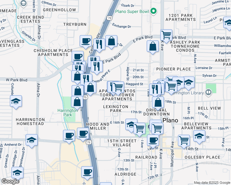 map of restaurants, bars, coffee shops, grocery stores, and more near 709 G Avenue in Plano
