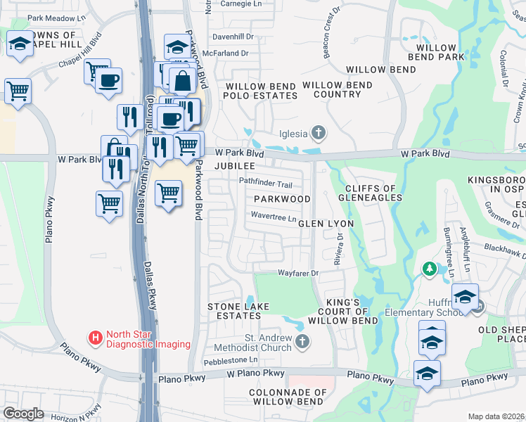 map of restaurants, bars, coffee shops, grocery stores, and more near 5829 Gallant Fox Lane in Plano