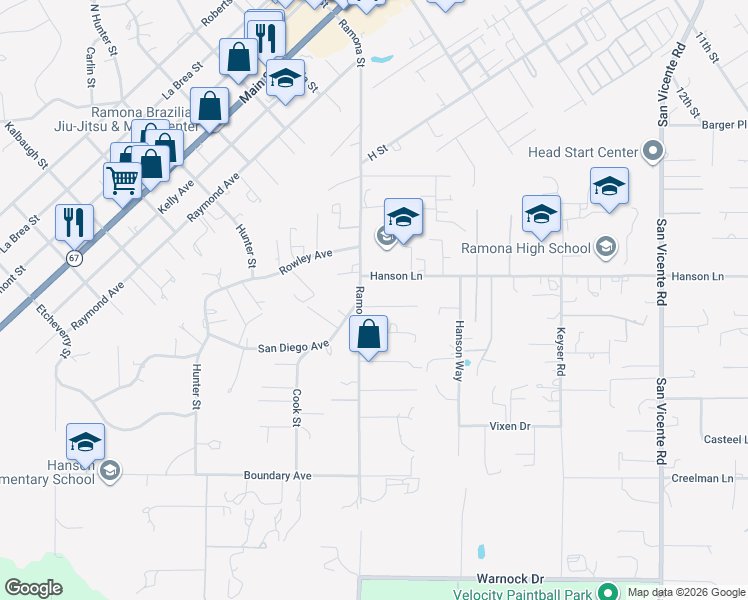 map of restaurants, bars, coffee shops, grocery stores, and more near 1834 Hanson Lane in Ramona