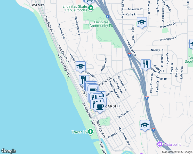 map of restaurants, bars, coffee shops, grocery stores, and more near 1915 Montgomery Avenue in Encinitas