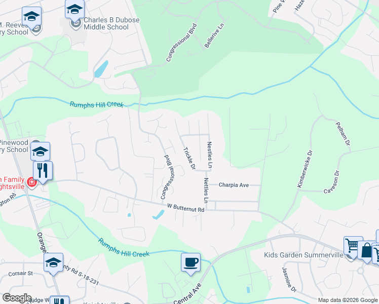 map of restaurants, bars, coffee shops, grocery stores, and more near 206 Bainsbury Lane in Summerville