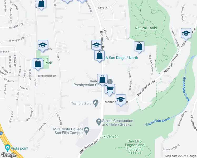 map of restaurants, bars, coffee shops, grocery stores, and more near 1760 El Camino Real in Encinitas