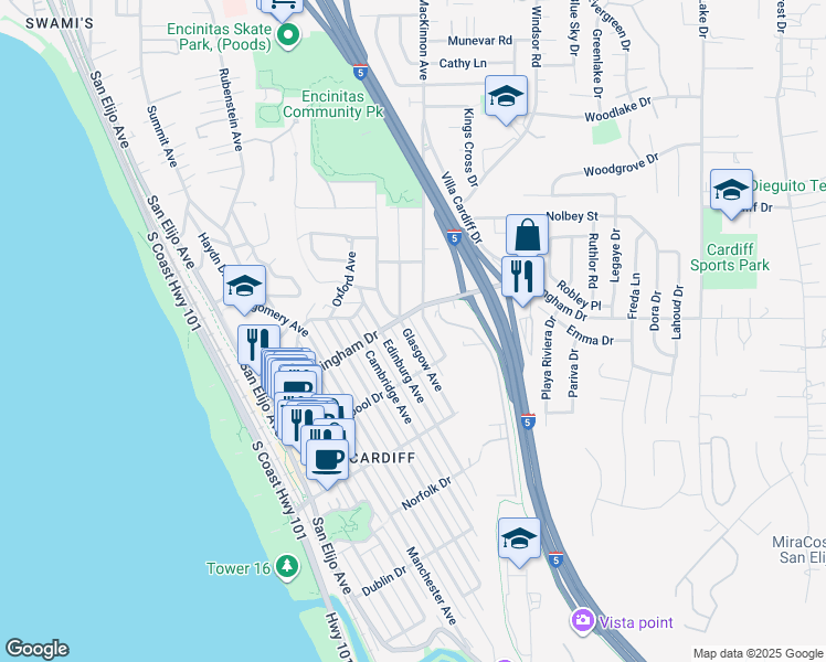 map of restaurants, bars, coffee shops, grocery stores, and more near 2027 Glasgow Avenue in Encinitas