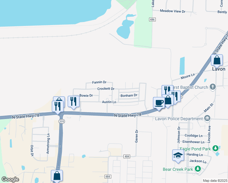 map of restaurants, bars, coffee shops, grocery stores, and more near 268 San Jacinto Drive in Lavon