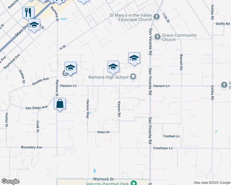 map of restaurants, bars, coffee shops, grocery stores, and more near 1516 Hanson Lane in Ramona
