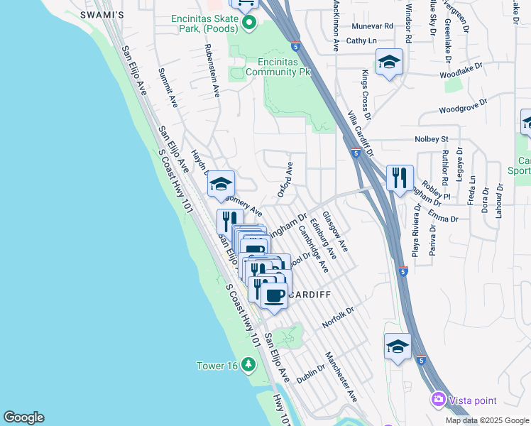 map of restaurants, bars, coffee shops, grocery stores, and more near 1915 Montgomery Avenue in Encinitas