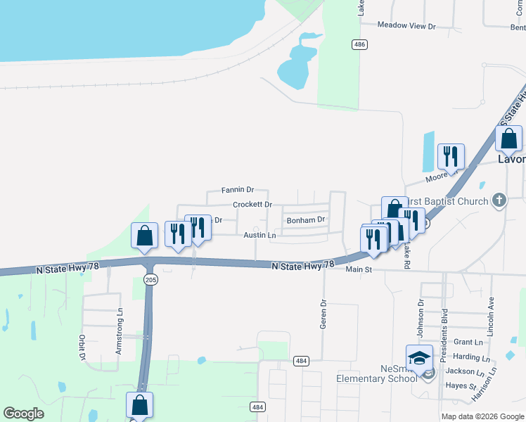 map of restaurants, bars, coffee shops, grocery stores, and more near 731 Crockett Drive in Lavon