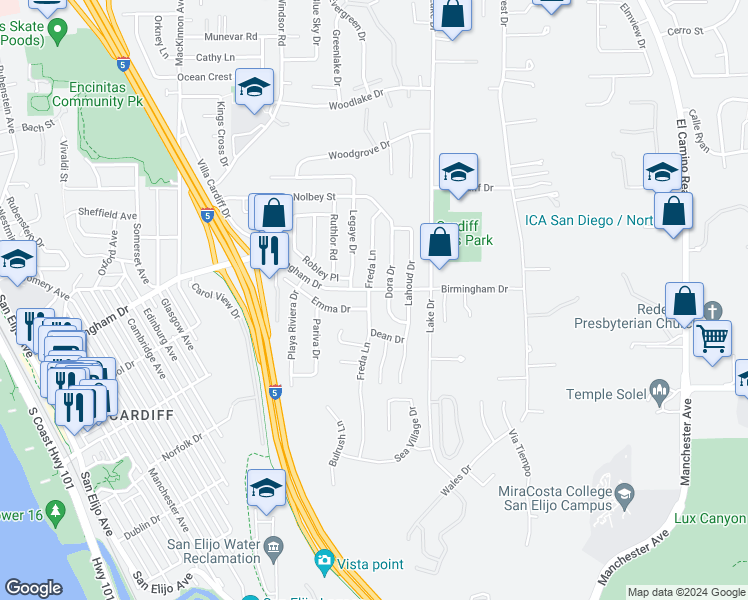 map of restaurants, bars, coffee shops, grocery stores, and more near 1815 Freda Lane in Encinitas