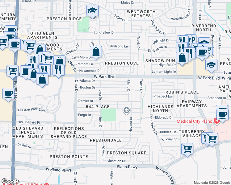 map of restaurants, bars, coffee shops, grocery stores, and more near 4436 Boston Drive in Plano