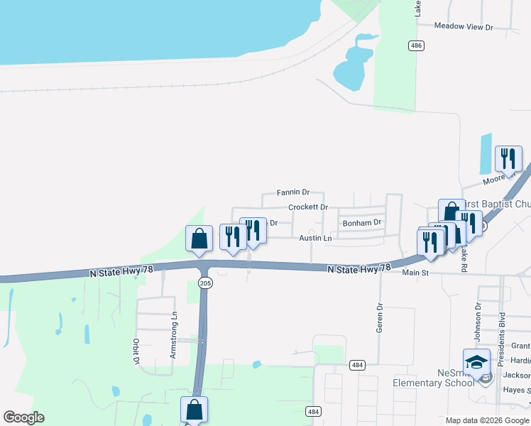 map of restaurants, bars, coffee shops, grocery stores, and more near 878 Crockett Drive in Lavon