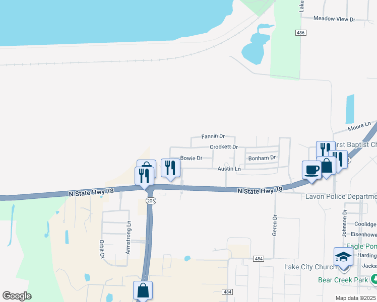 map of restaurants, bars, coffee shops, grocery stores, and more near 905 Crockett Drive in Lavon