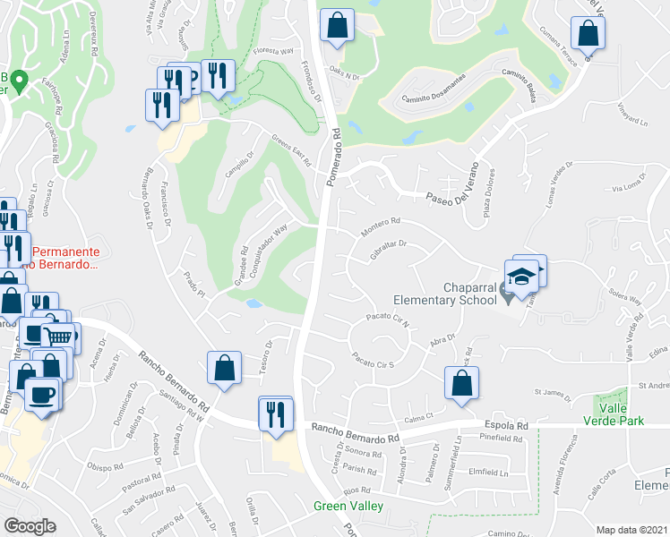 map of restaurants, bars, coffee shops, grocery stores, and more near 12563 Parma Court in San Diego