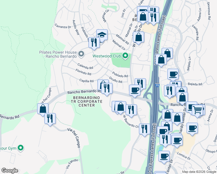 map of restaurants, bars, coffee shops, grocery stores, and more near 17076 Oculto Place in San Diego