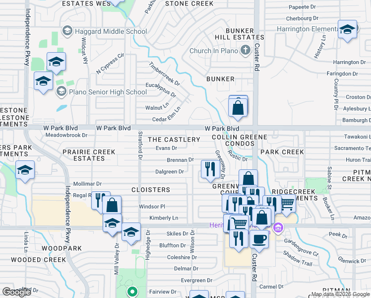 map of restaurants, bars, coffee shops, grocery stores, and more near in Plano