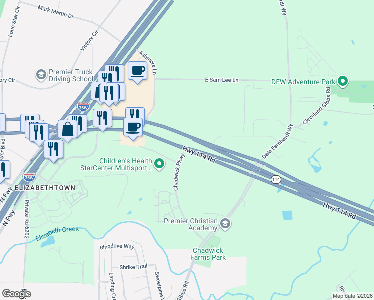 map of restaurants, bars, coffee shops, grocery stores, and more near Texas 114 in Northlake