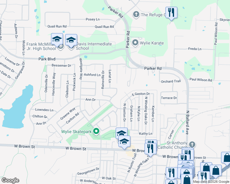 map of restaurants, bars, coffee shops, grocery stores, and more near 609 Marbury Way in Wylie