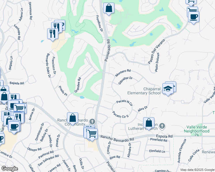 map of restaurants, bars, coffee shops, grocery stores, and more near 12520 Montero Court in San Diego