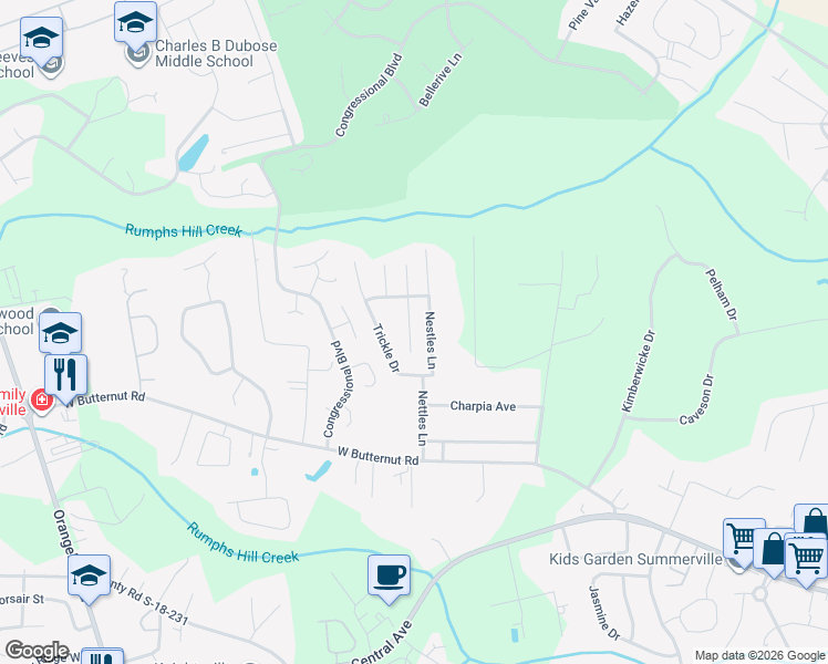 map of restaurants, bars, coffee shops, grocery stores, and more near 215 Bainsbury Lane in Summerville
