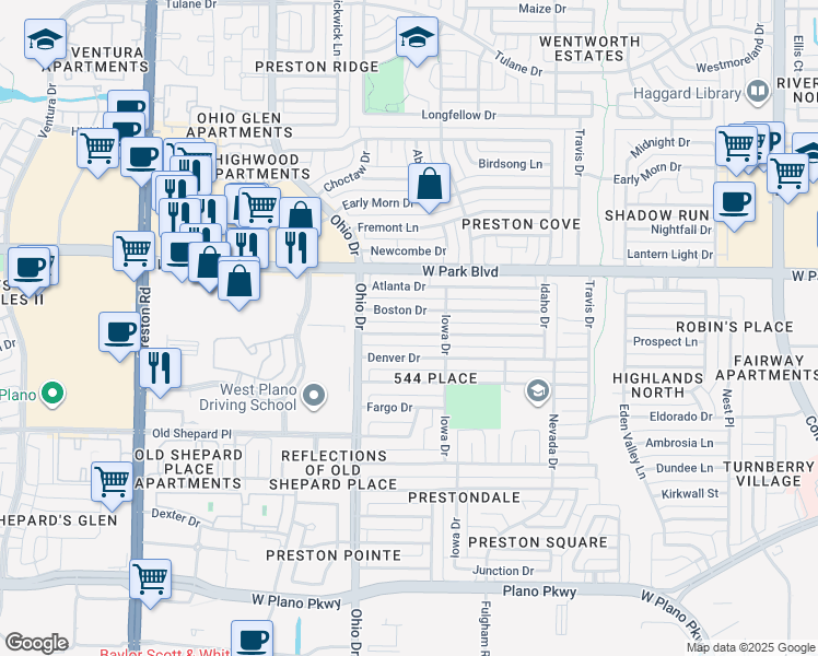 map of restaurants, bars, coffee shops, grocery stores, and more near 4520 Boston Drive in Plano