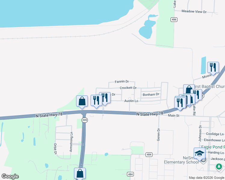 map of restaurants, bars, coffee shops, grocery stores, and more near 905 Crockett Drive in Lavon