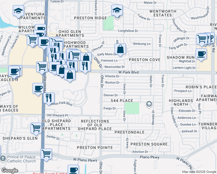 map of restaurants, bars, coffee shops, grocery stores, and more near 4544 Boston Drive in Plano