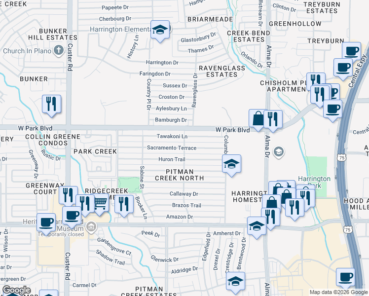 map of restaurants, bars, coffee shops, grocery stores, and more near Sacramento Terrace in Plano