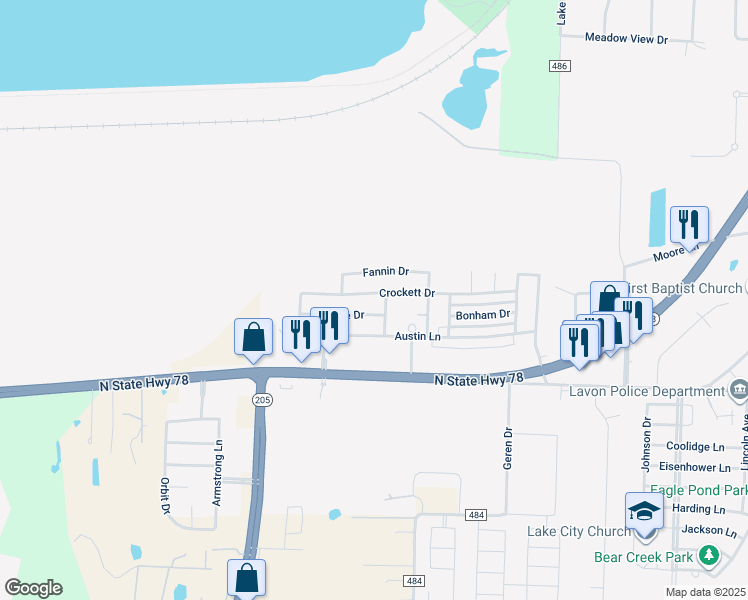 map of restaurants, bars, coffee shops, grocery stores, and more near 804 Crockett Drive in Lavon