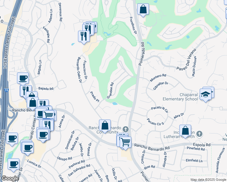 map of restaurants, bars, coffee shops, grocery stores, and more near 12377 Grandee Road in San Diego