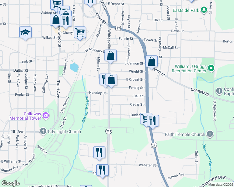 map of restaurants, bars, coffee shops, grocery stores, and more near 106 Fendig Street in LaGrange