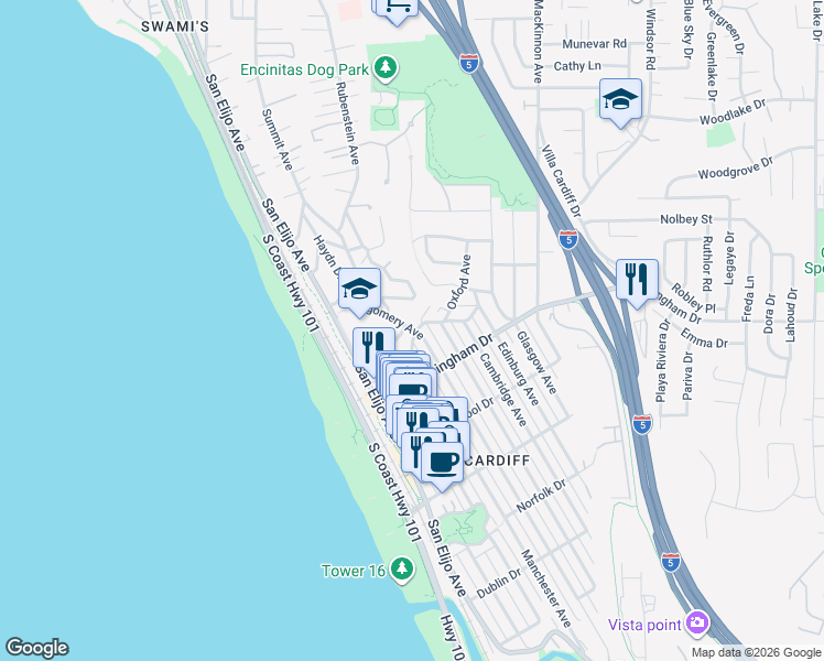 map of restaurants, bars, coffee shops, grocery stores, and more near 1888 Montgomery Avenue in Encinitas